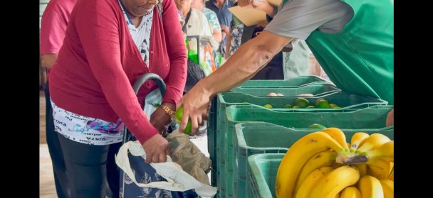 Uma cena mostra a distribuição de alimentos em um ambiente coletivo. Em primeiro plano, uma mulher segura uma sacola reutilizável aberta enquanto outra pessoa coloca frutas dentro dela. As frutas estão organizadas em caixas plásticas verdes sobre uma mesa — é possível ver bananas maduras em destaque e outras frutas menores, como limões.

A mulher está vestindo um casaco vermelho sobre uma camiseta clara e segura a sacola com as duas mãos, posicionando-a para receber os alimentos. A pessoa que entrega as frutas usa uma camiseta verde e está inclinada para frente, com o braço estendido em direção à sacola.

Ao fundo, há outras pessoas aguardando, formando uma pequena fila. O ambiente parece ser um espaço coberto, com clima de ação comunitária ou distribuição de doações.